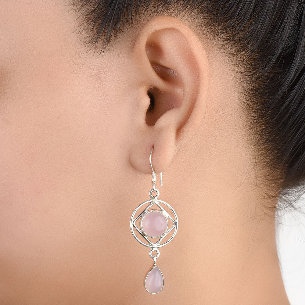 Front view of Rose Quartz Earrings handcrafted in 92.5 Sterling Silver