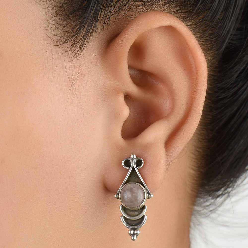 Front view of Rose Quartz Stud Earrings handcrafted in 92.5 Sterling Silver