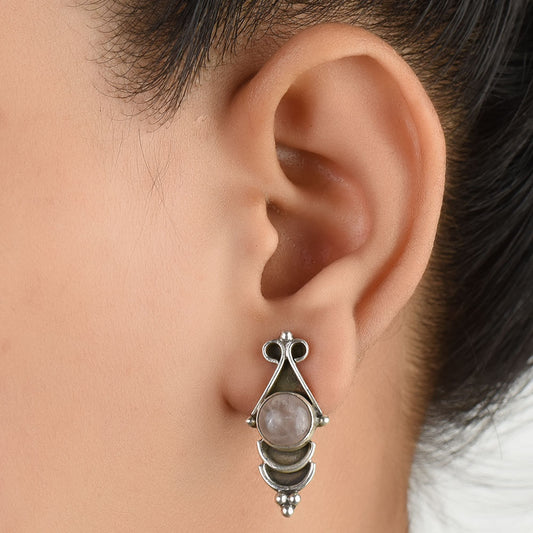 Front view of Rose Quartz Stud Earrings handcrafted in 92.5 Sterling Silver