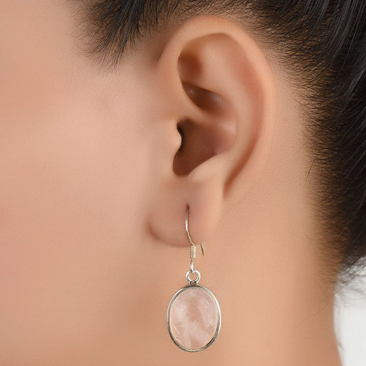 Front view of Rose Quartz Teardrop Earrings handcrafted in 92.5 Sterling Silver