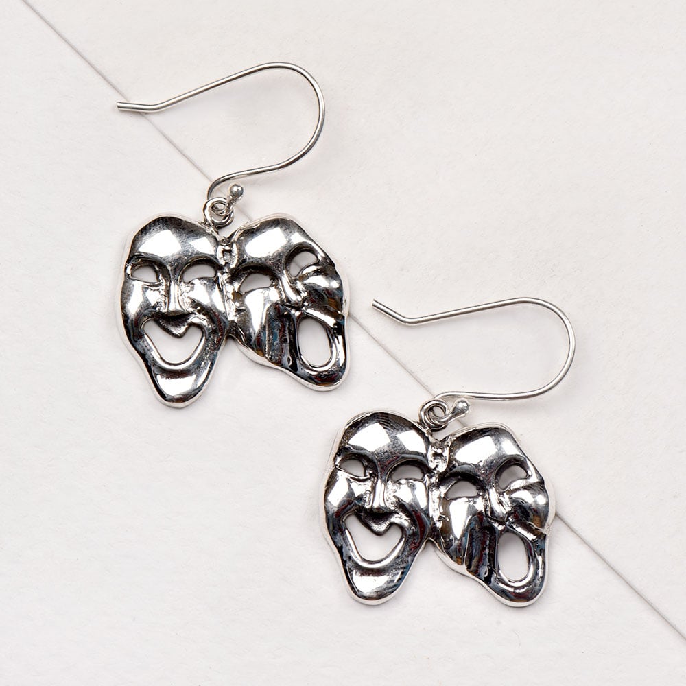 Side view of Theatre Mask Hanging Earrings, showing theatre mask design in 92.5 Sterling Silver