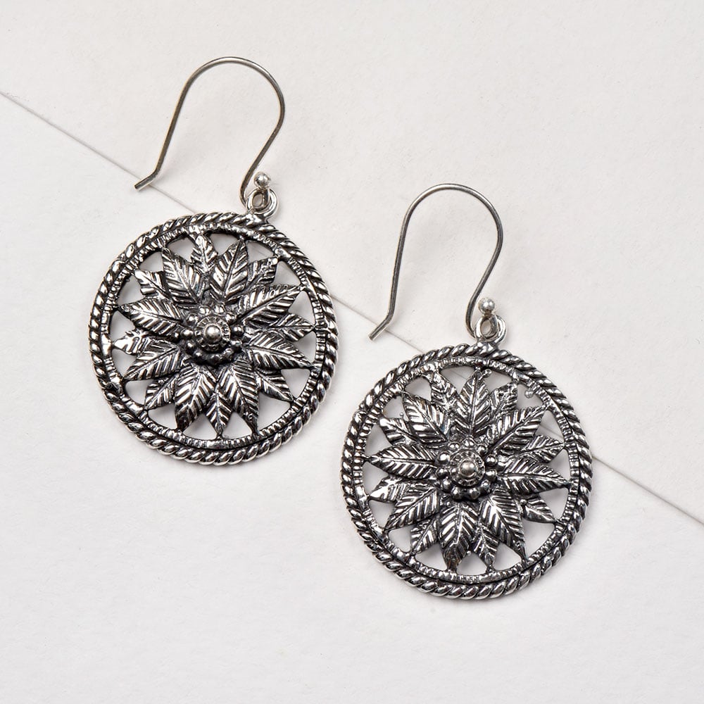 Side view of Floral Dangle Earrings, showing dangle design in 92.5 Sterling Silver