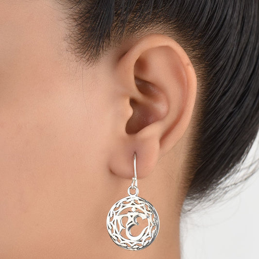 Front view of Round Om Drop Earrings in 92.5 Sterling Silver