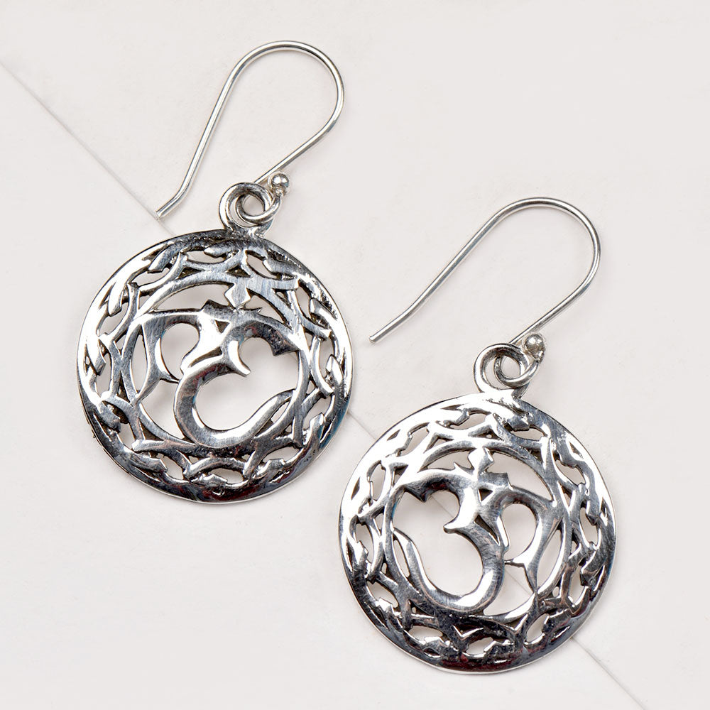 Side view of Round Om Drop Earrings, showing round design in 92.5 Sterling Silver