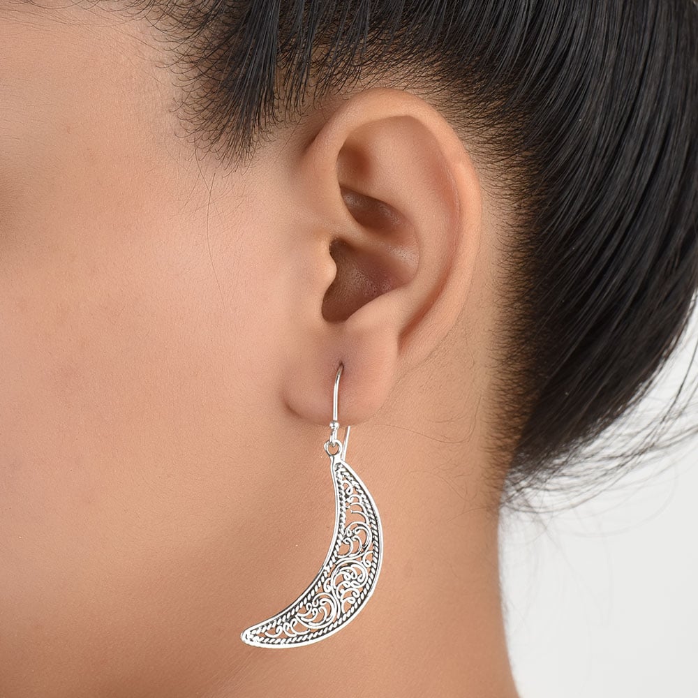 Front view of Moon Dangle Earrings in 92.5 Sterling Silver
