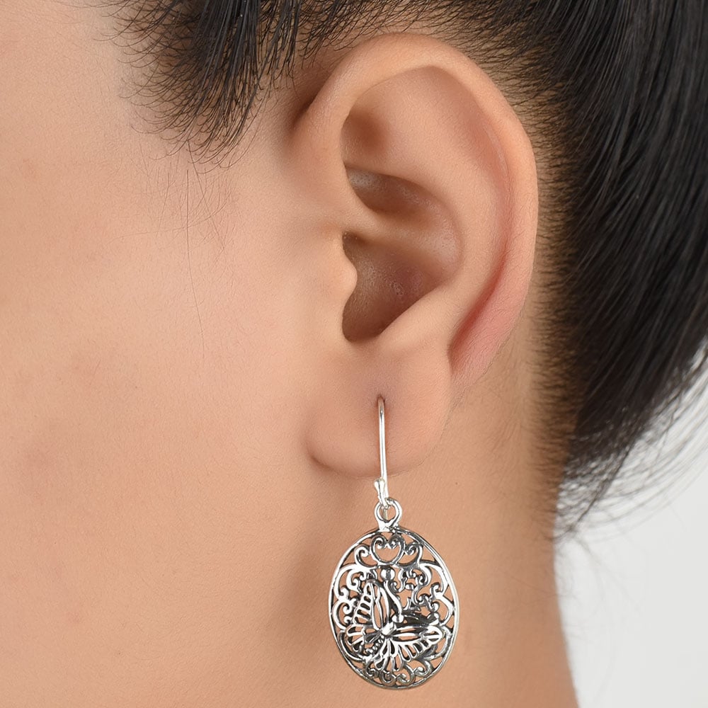 Front view of Butterfly Scroll Work earrings in 92.5 Sterling Silver