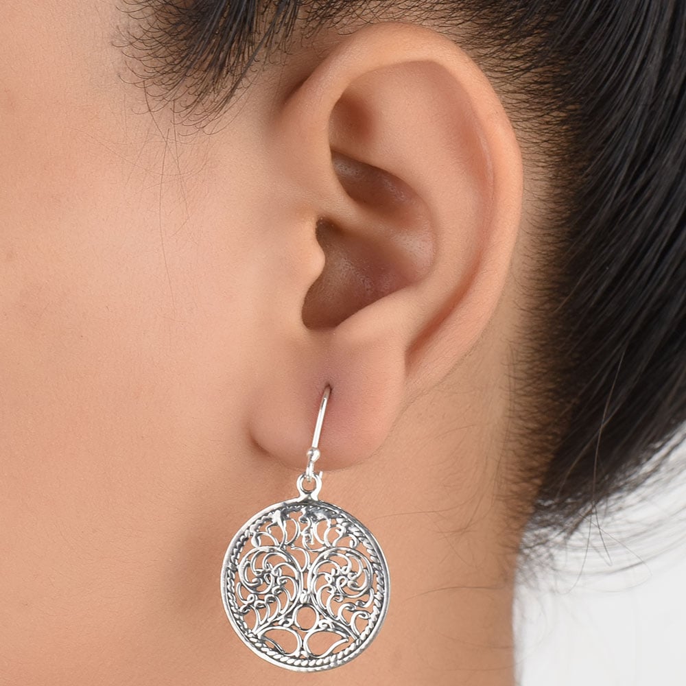 Front view of Scrolled Engraved Circle earrings in 92.5 Sterling Silver