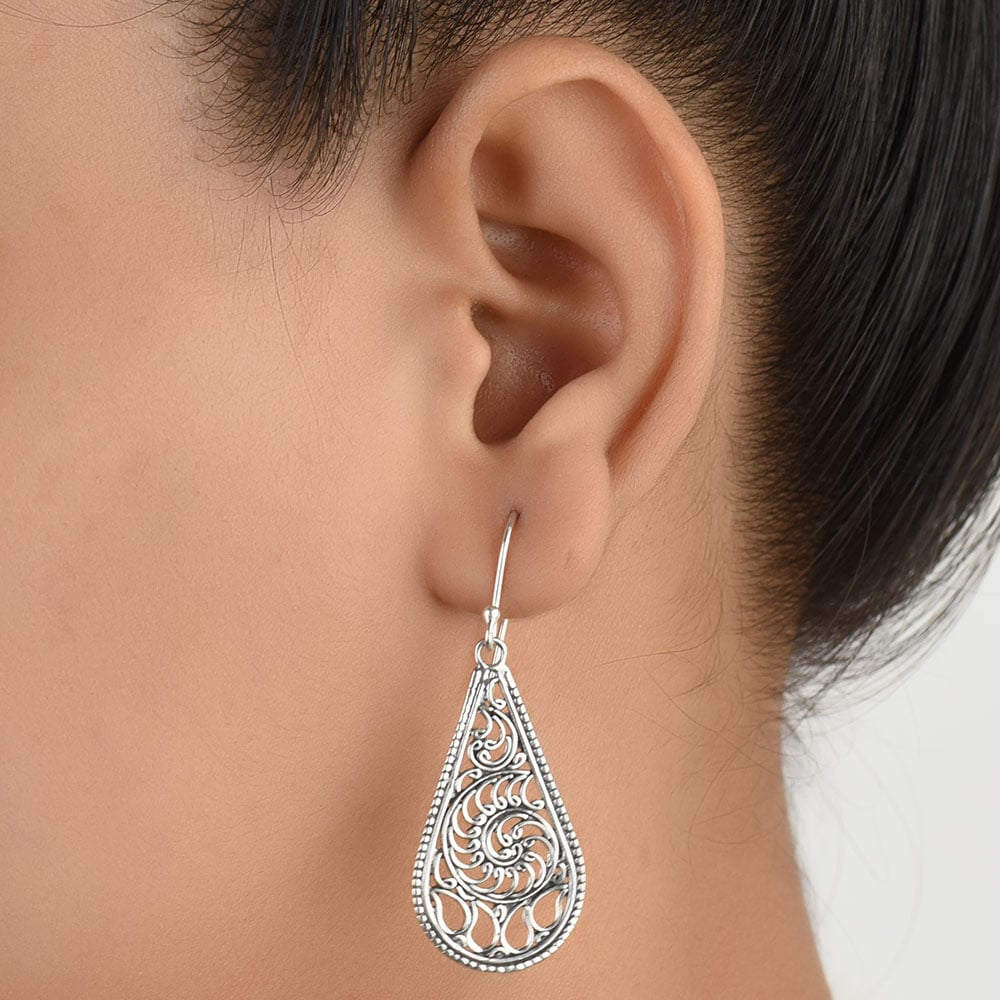 Front view of Scrolled Tear earrings in 92.5 Sterling Silver