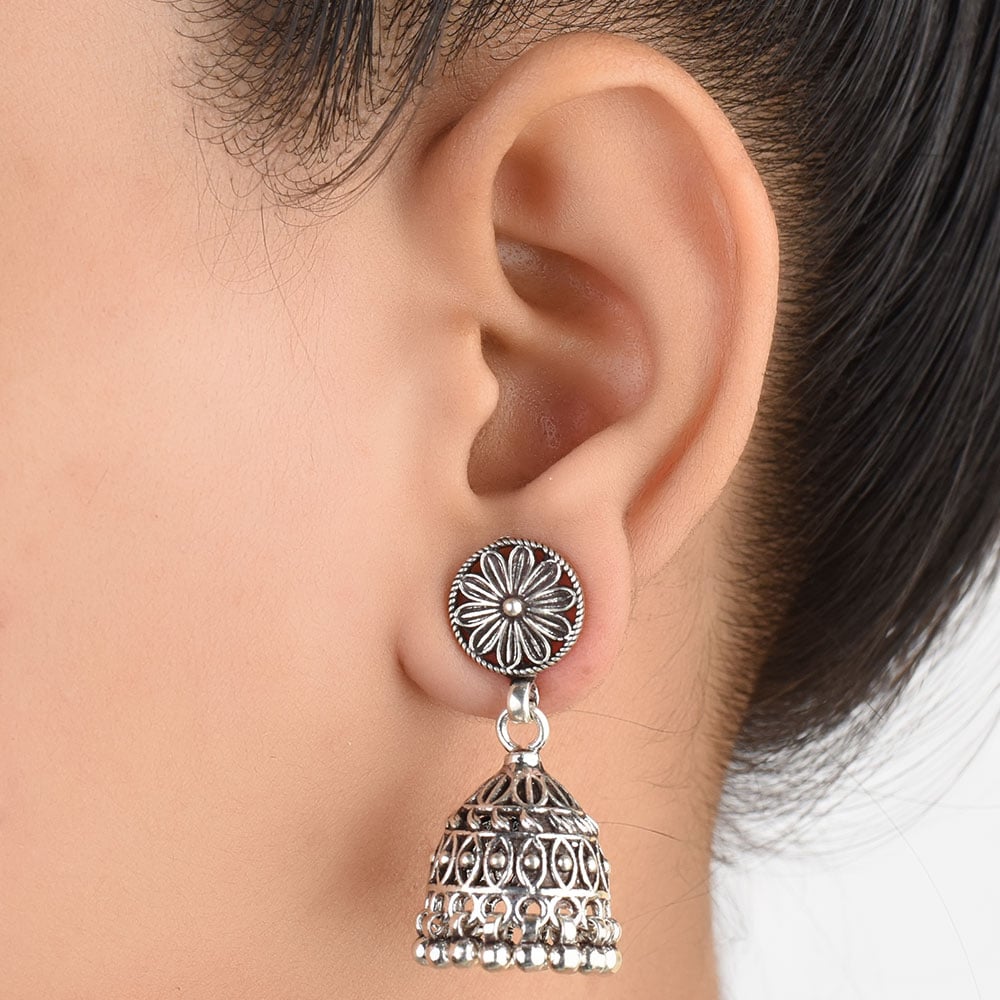 Front view of Floral earrings in 92.5 Sterling Silver