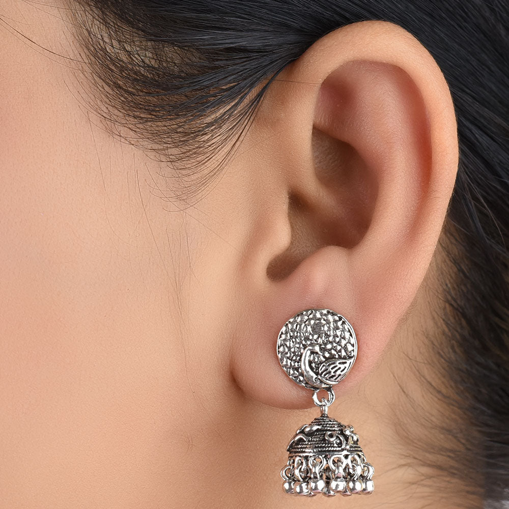 Morni silver peacock jhumki earrings with subtle old soul shimmer