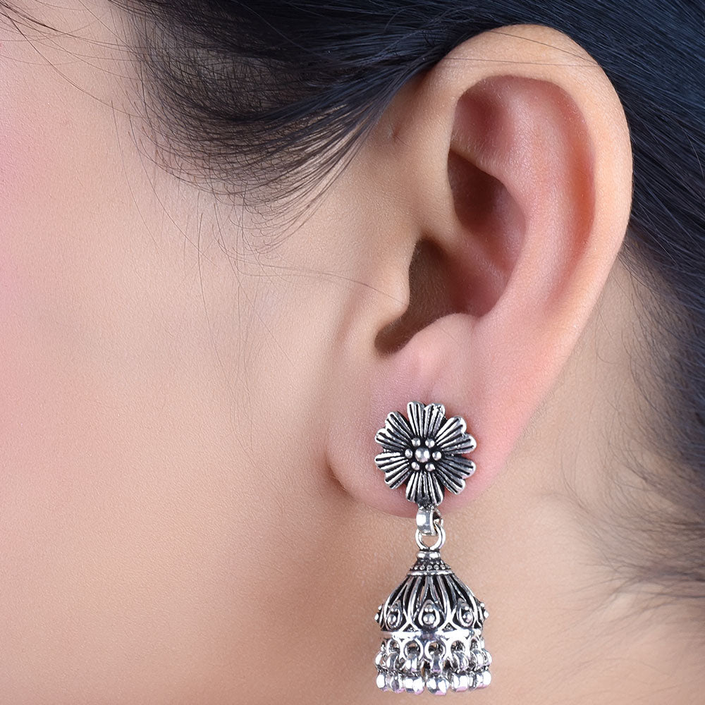 Oxidized flower stud jhumka earrings in 925 silver with handcrafted finish