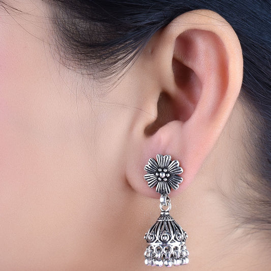 Oxidized flower stud jhumka earrings in 925 silver with handcrafted finish