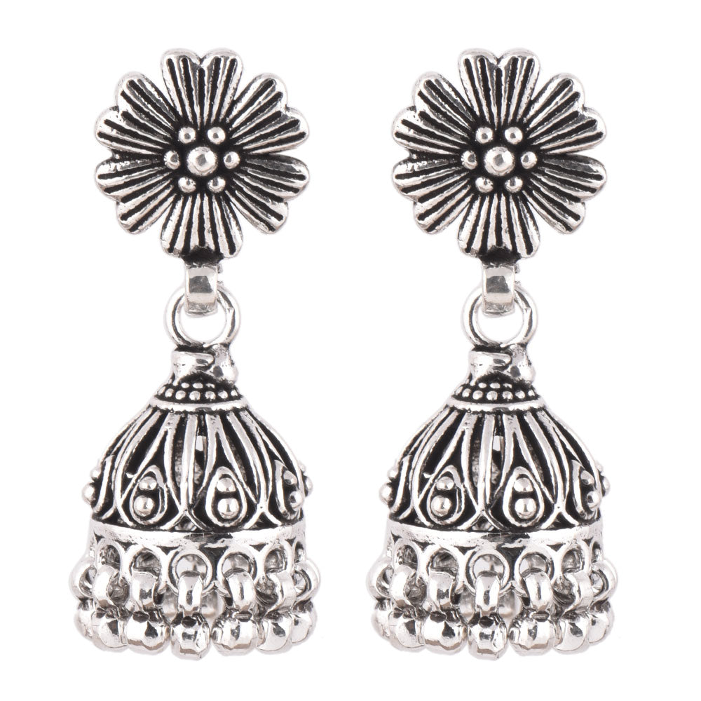 Handcrafted oxidised 925 silver flower stud jhumka earrings