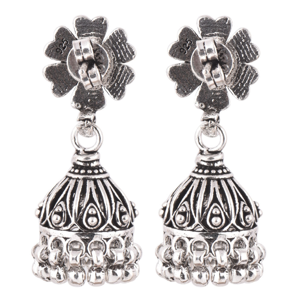 Indian artisan made oxidised silver flower jhumka earrings