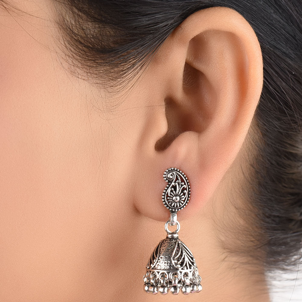 floral detailing jhumki earrings in 925 sterling silver with handcrafted finish