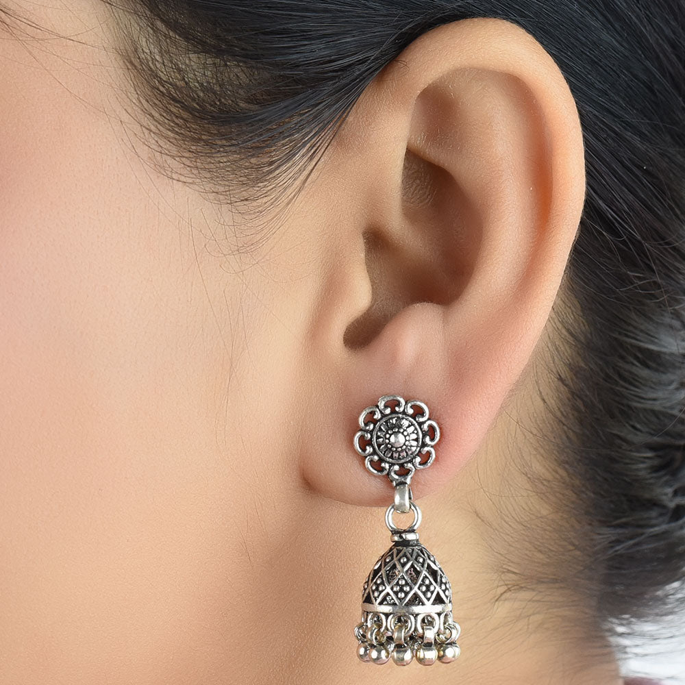 paisley curve jhumki earrings in 925 sterling silver with handcrafted finish