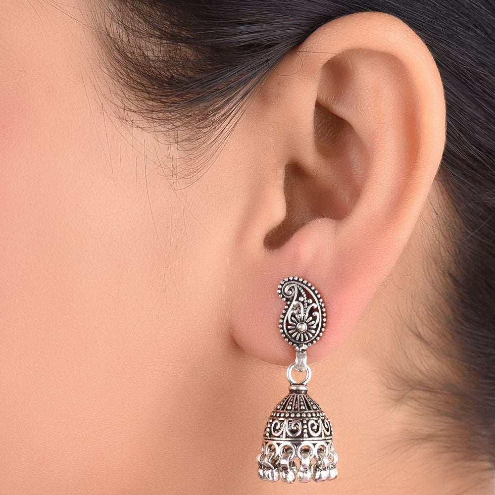 crescent inspired detailing jhumki earrings in 925 sterling silver with handcrafted finish