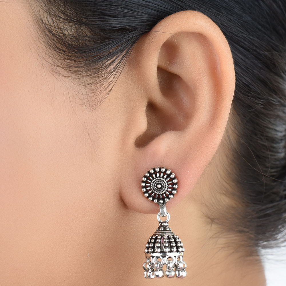 engraved design jhumki earrings in 925 sterling silver with handcrafted finish