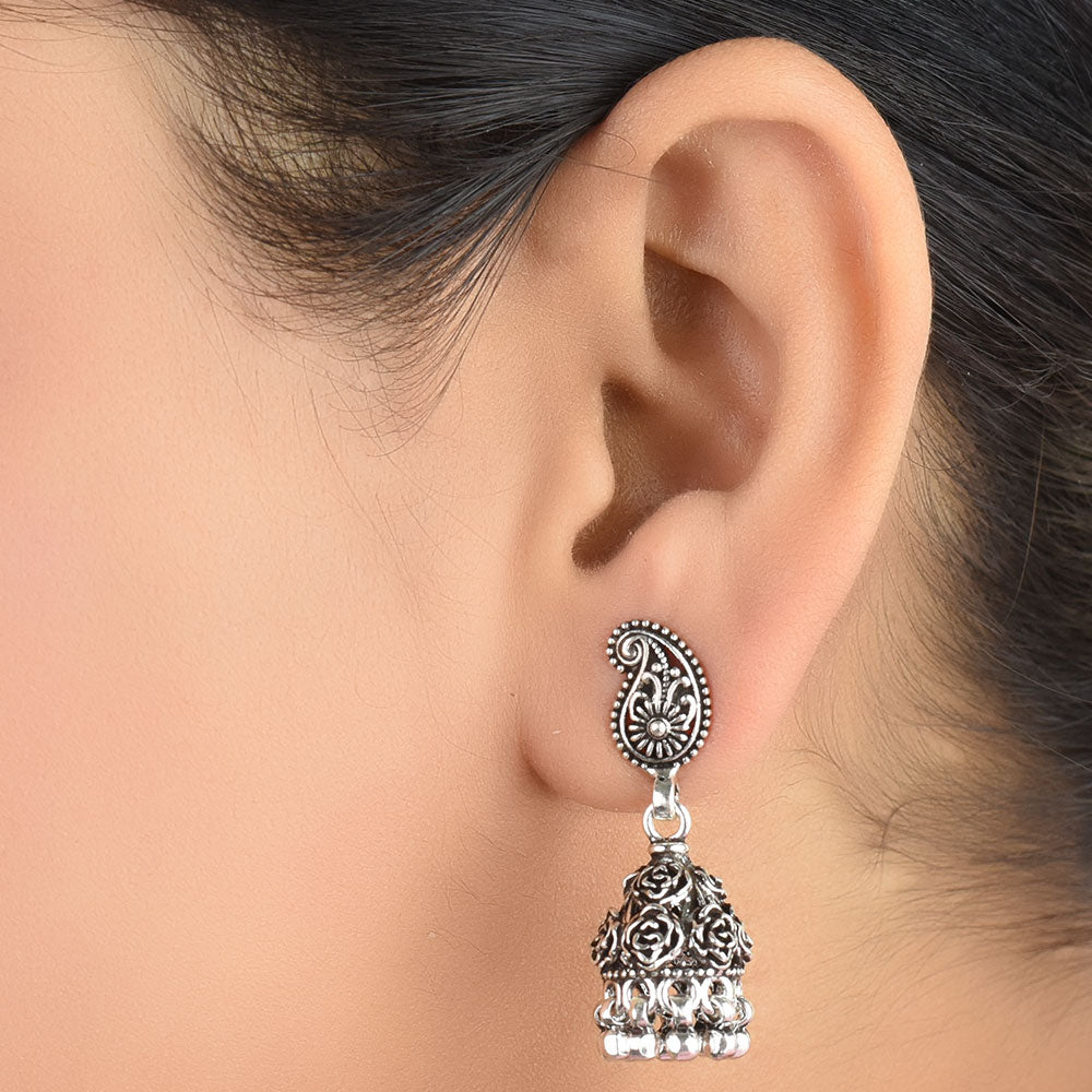 paisley curve jhumki earrings in 925 sterling silver with handcrafted finish