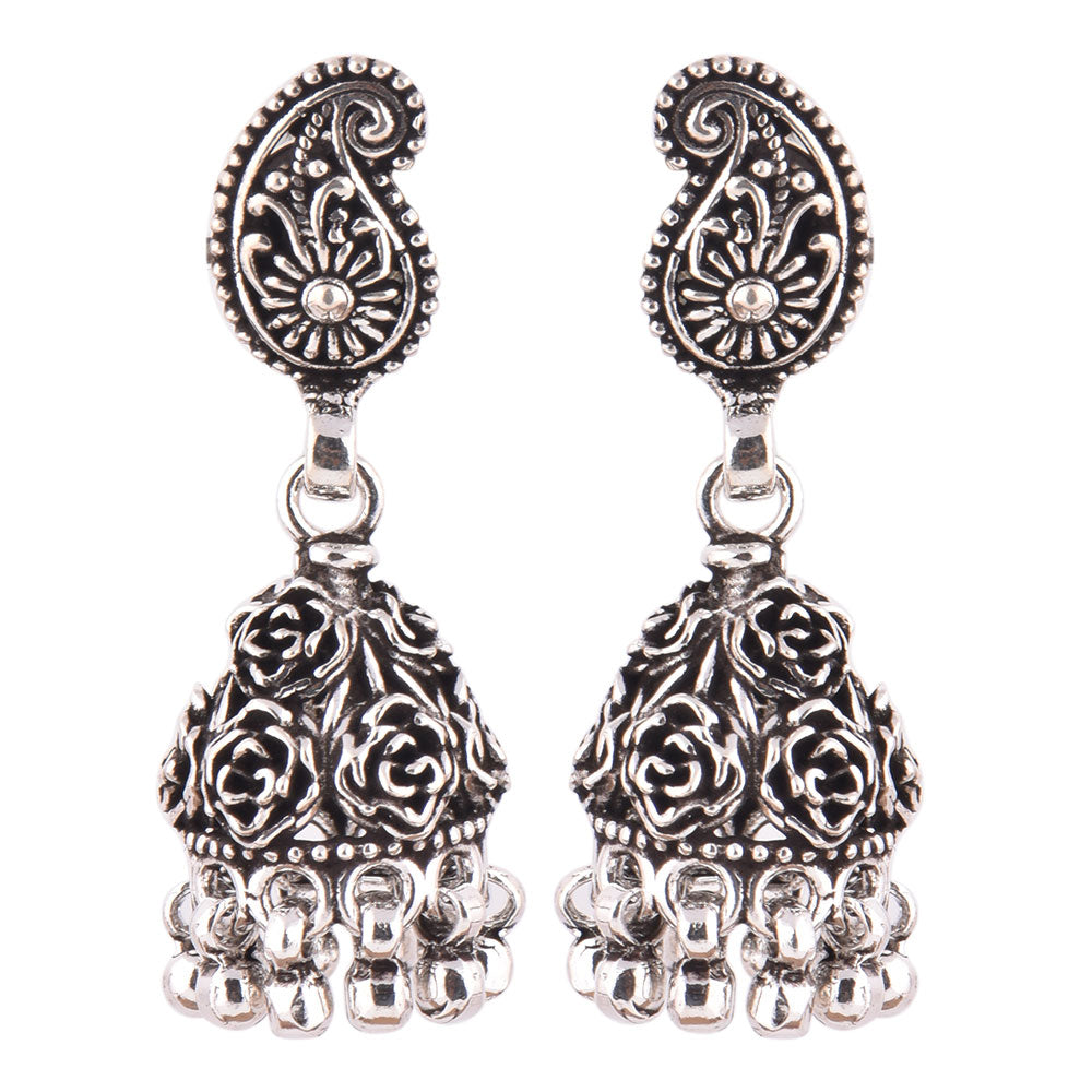 handcrafted jhumki earrings featuring paisley curve, set in 925 sterling silver