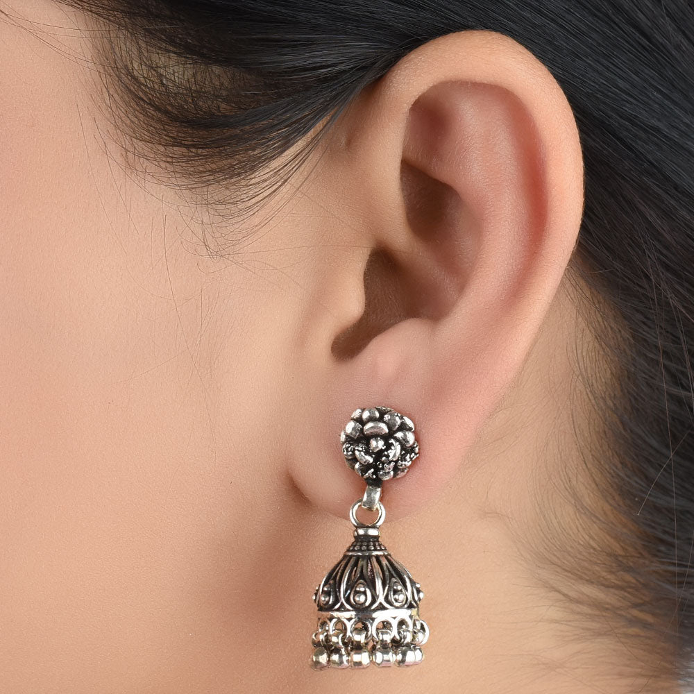floral detailing jhumki earrings in 925 sterling silver with handcrafted finish