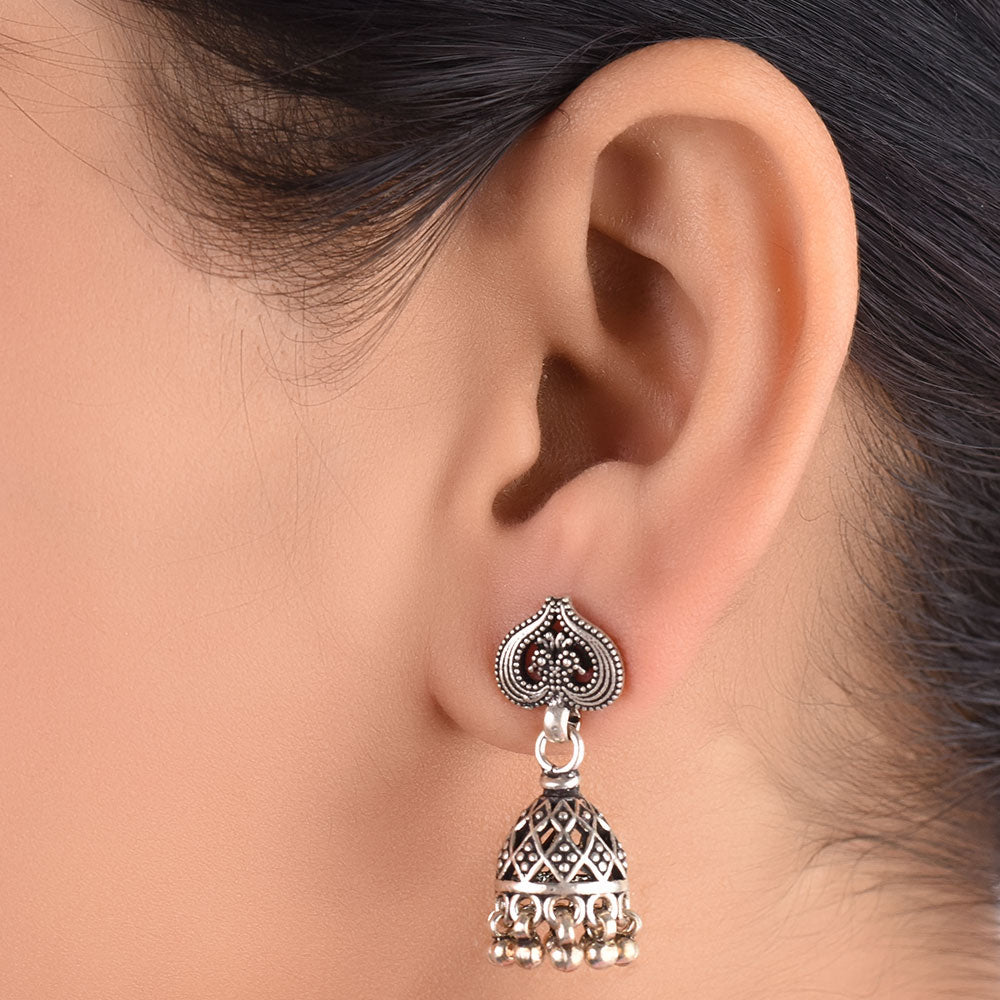 leaf-like lines jhumki earrings in 925 sterling silver with handcrafted finish