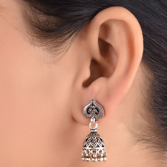 leaf-like lines jhumki earrings in 925 sterling silver with handcrafted finish