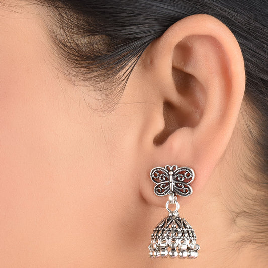 butterfly motif stud jhumki earrings in 925 sterling silver with handcrafted finish