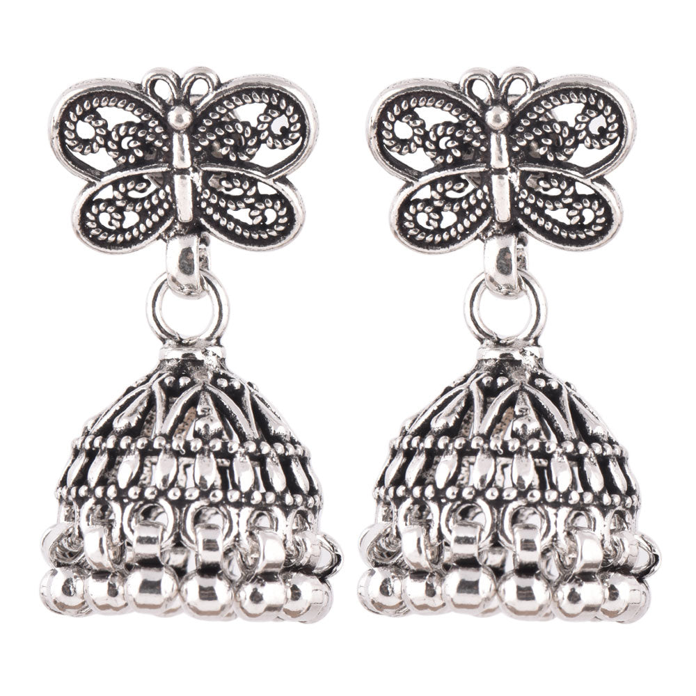 handcrafted stud jhumki earrings featuring butterfly motif, set in 925 sterling silver