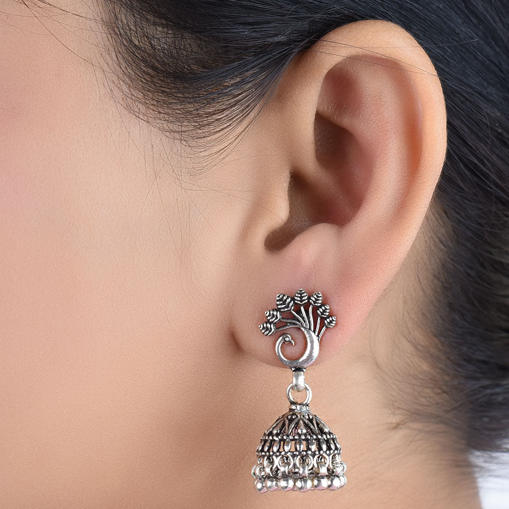peacock motif jhumki earrings in 925 sterling silver with handcrafted finish