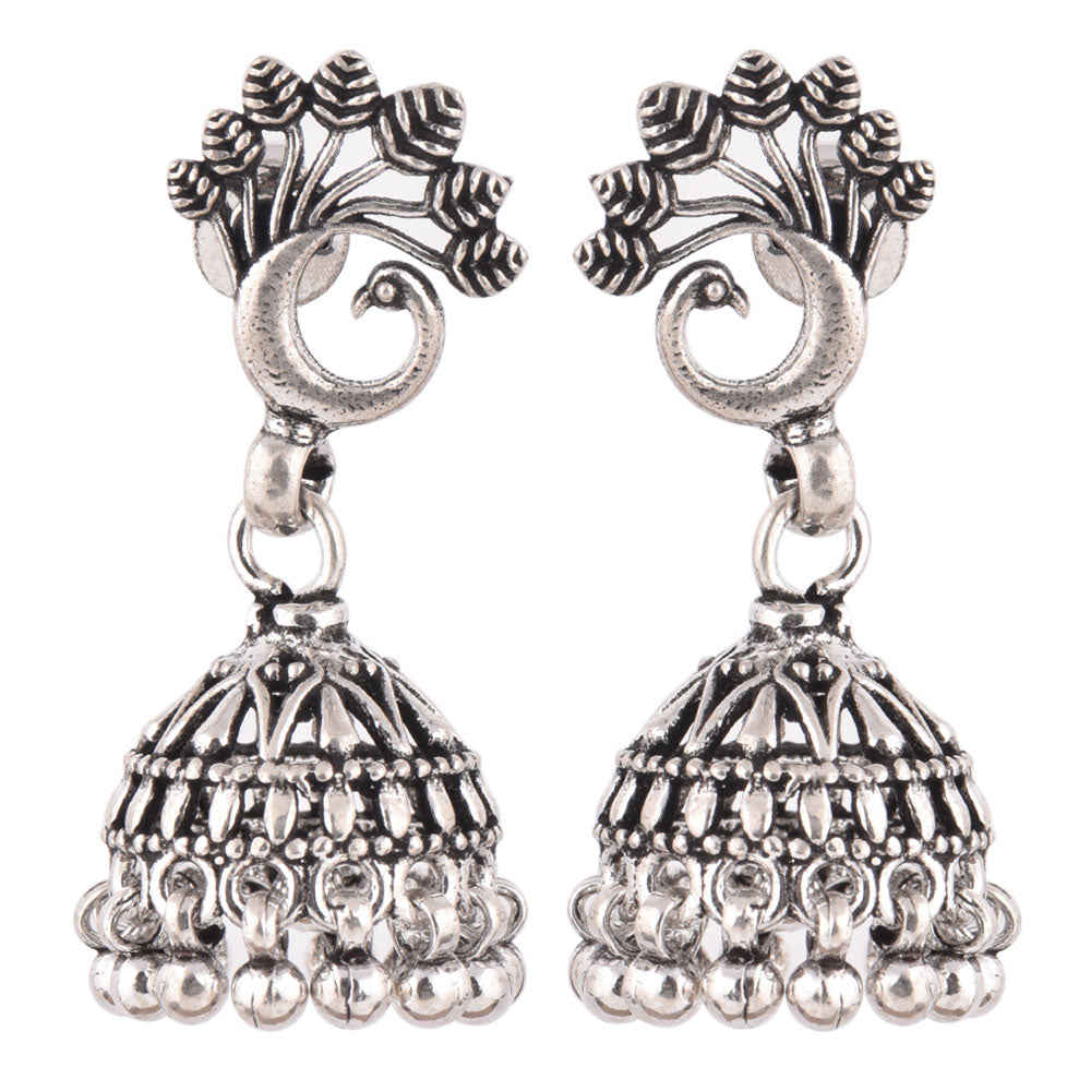 handcrafted jhumki earrings featuring peacock motif, set in 925 sterling silver