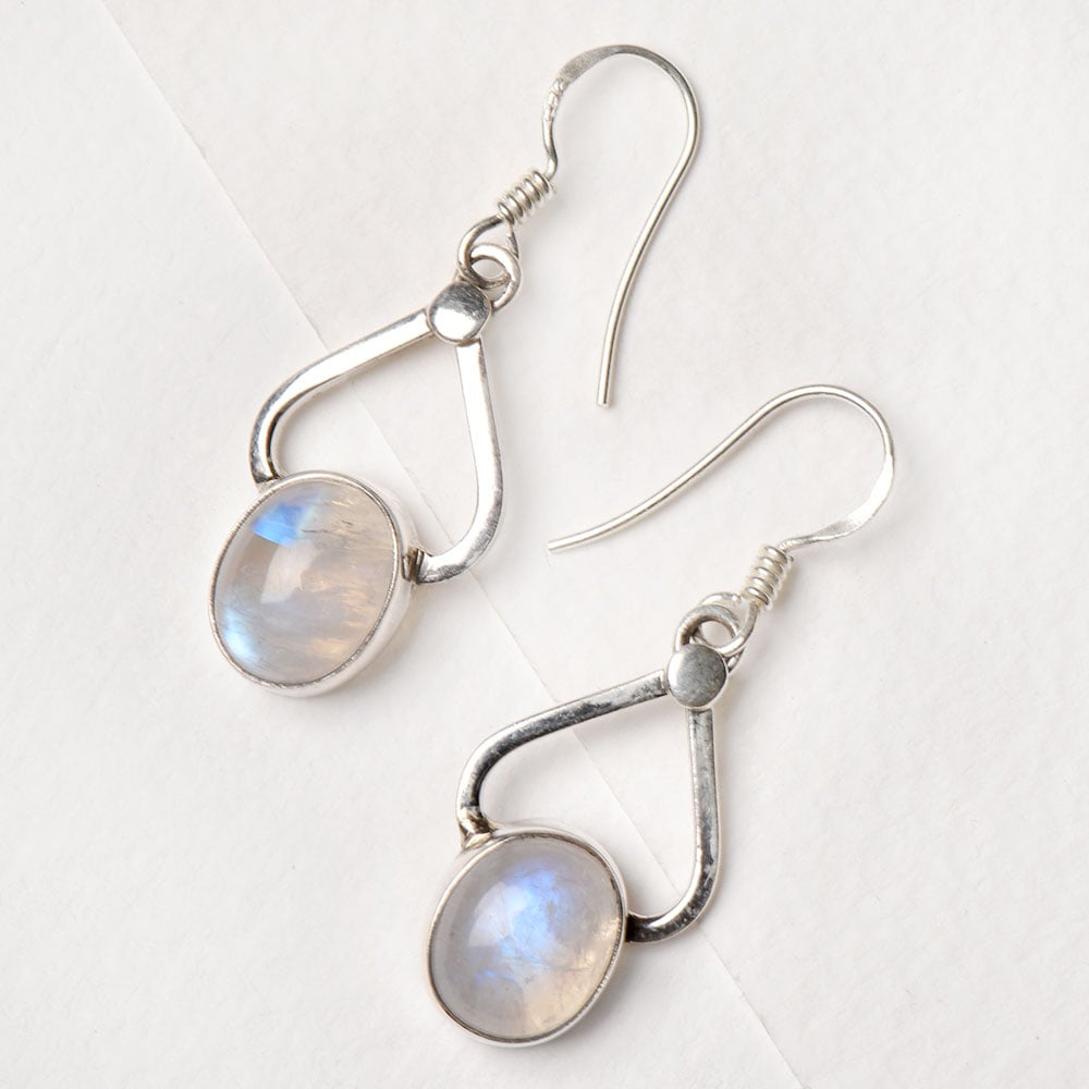 Closeup of Moonstone Moon Earrings showcasing the detailed earrings motif and 92.5 Sterling Silver finish