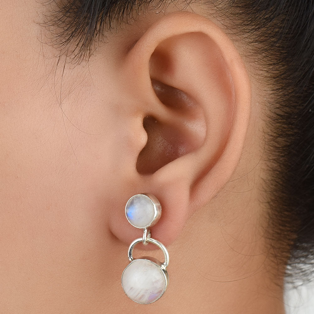 Moonstone Moon Drop Earrings handcrafted in 92.5 Sterling Silver with subtle Moonstone Moon details capturing quiet heritage