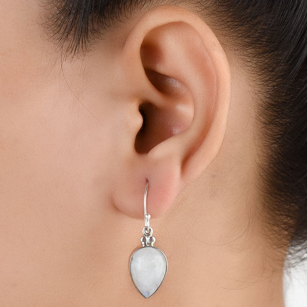 Moonstone Moon Drop Earrings handcrafted in 92.5 Sterling Silver with subtle Moonstone Moon details capturing quiet heritage