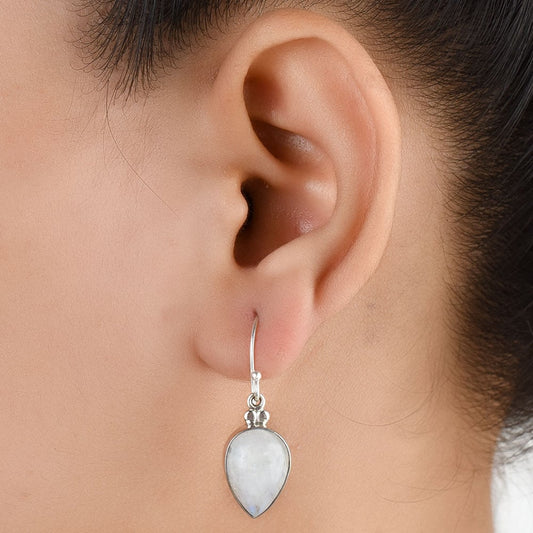 Moonstone Moon Drop Earrings handcrafted in 92.5 Sterling Silver with subtle Moonstone Moon details capturing quiet heritage