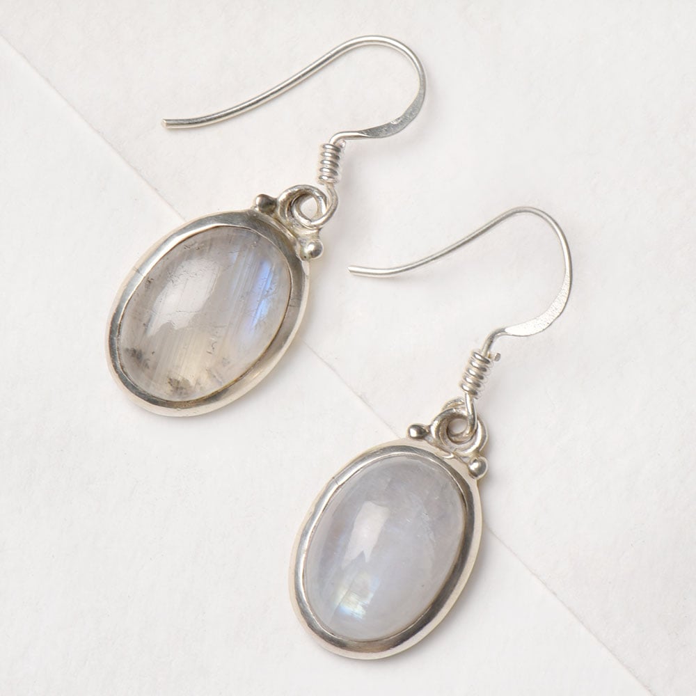 Closeup of Moonstone Moon Earrings showcasing the detailed earrings motif and 92.5 Sterling Silver finish
