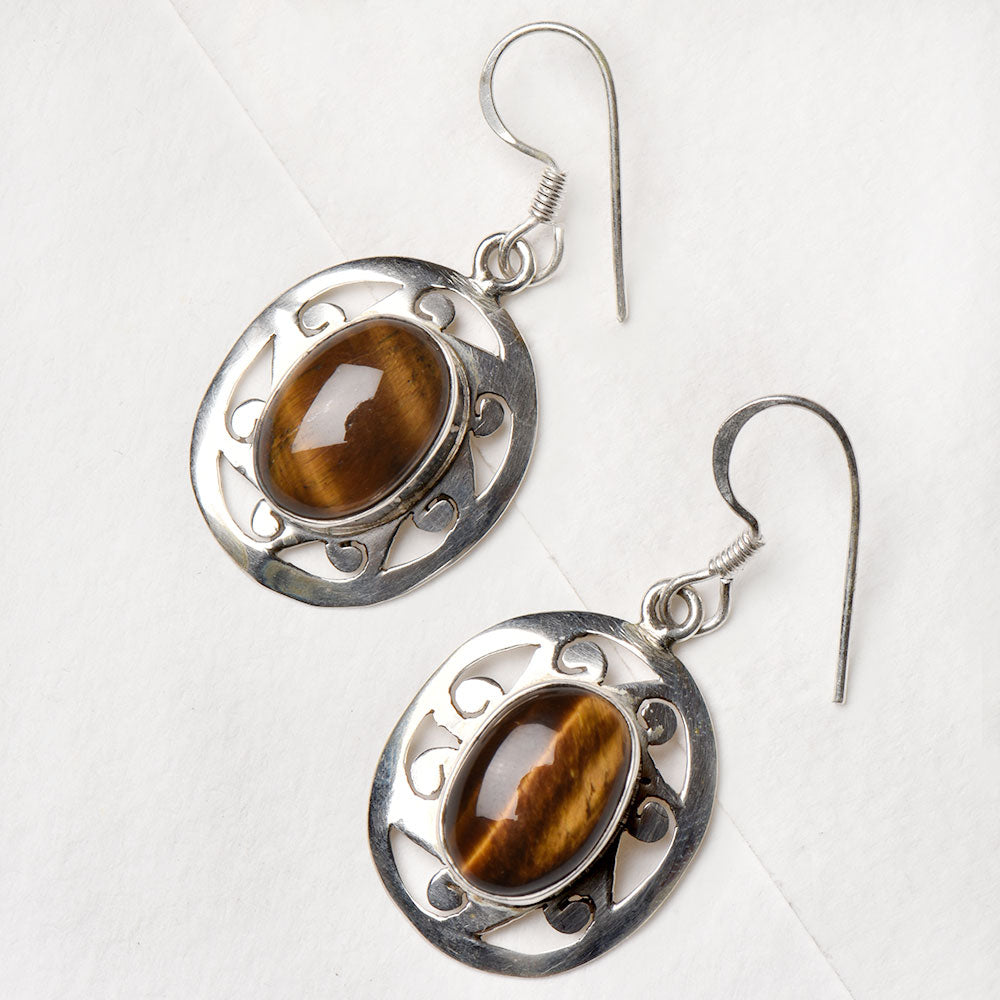 Closeup of Fabulous Tiger Eye Earrings showcasing the detailed earrings motif and 92.5 Sterling Silver finish