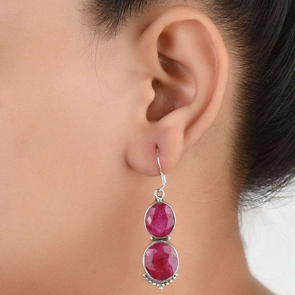 Front view of Pink Tourmaline Round Dangle Earrings in 92.5 Sterling Silver