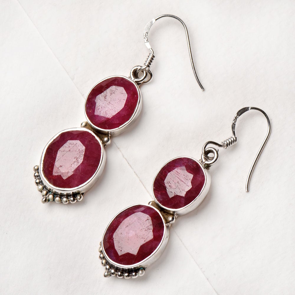 Side view of Pink Tourmaline Round Dangle Earrings, showing round design in 92.5 Sterling Silver