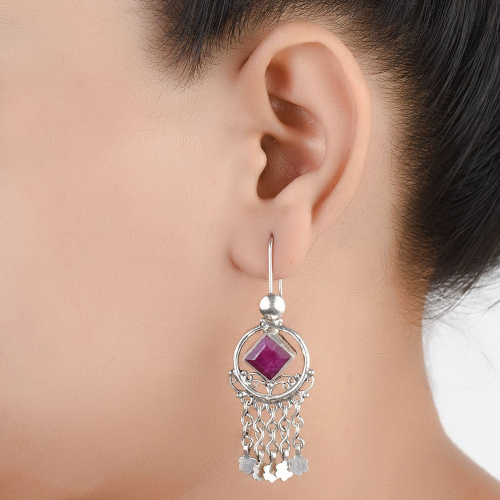 Front view of Pink Tourmaline Dangle Earrings in 92.5 Sterling Silver