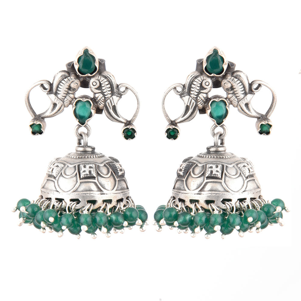 handcrafted jhumki earrings featuring peacock motif and green onyx, set in oxidised 925 sterling silver