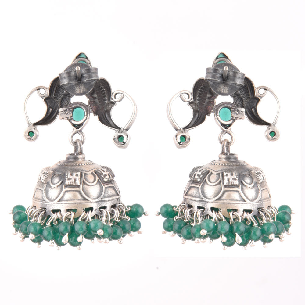 jhumki earrings with peacock motif and green onyx crafted in oxidised 925 sterling silver