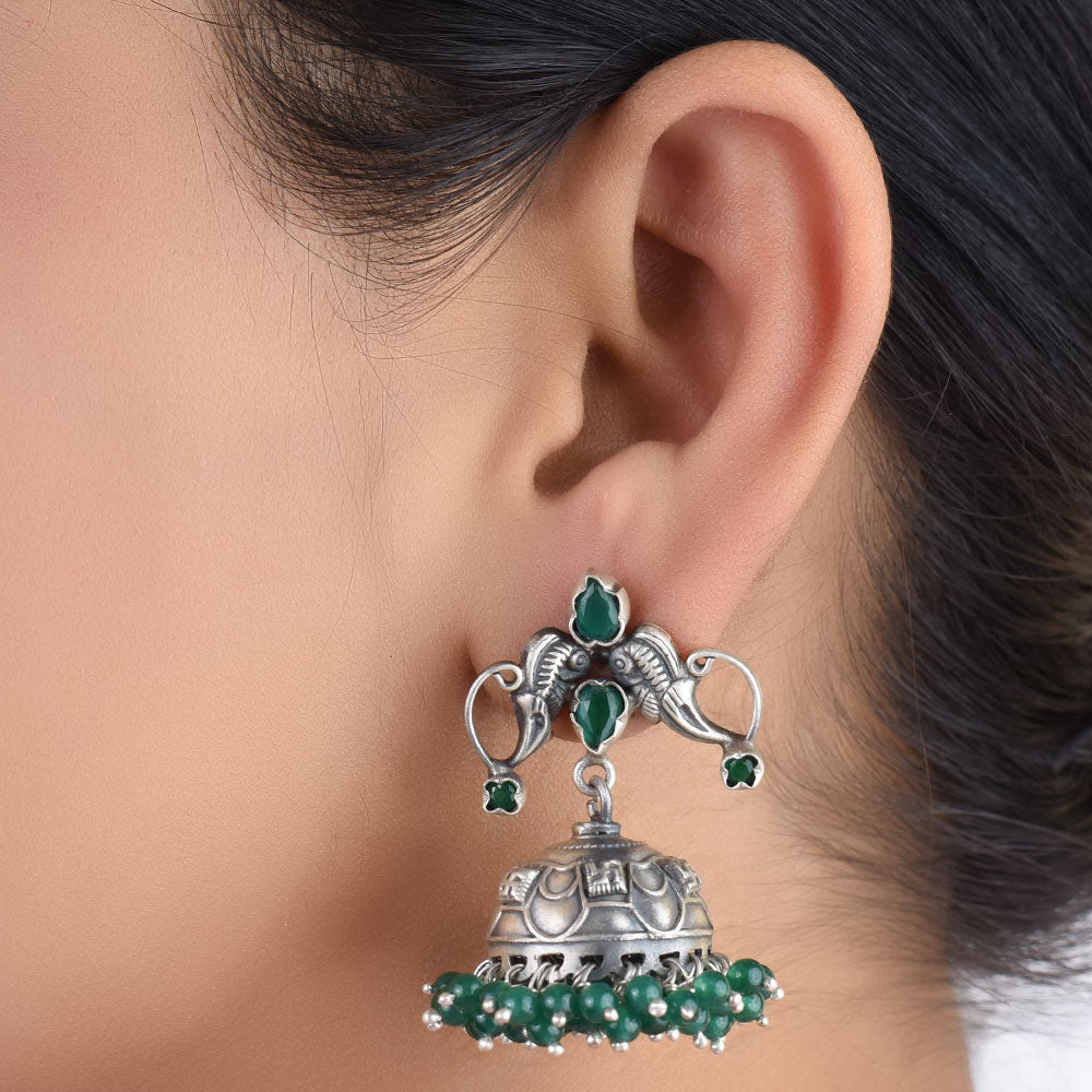 peacock motif and green onyx jhumki earrings in oxidised 925 sterling silver with handcrafted finish