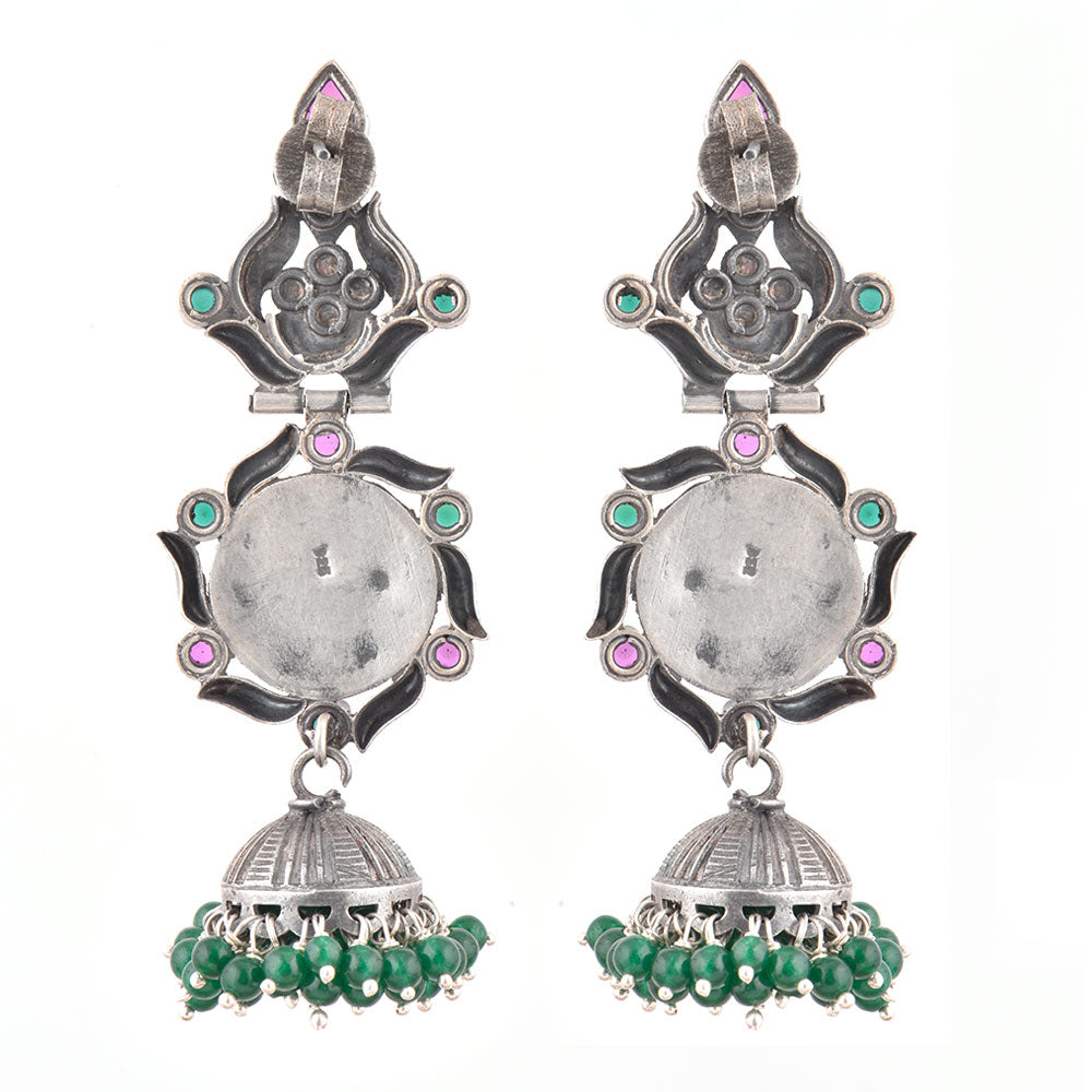 jhumka earrings with green onyx and pink tourmaline crafted in 925 sterling silver