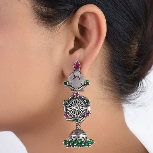 green onyx and pink tourmaline jhumka earrings in 925 sterling silver with handcrafted finish