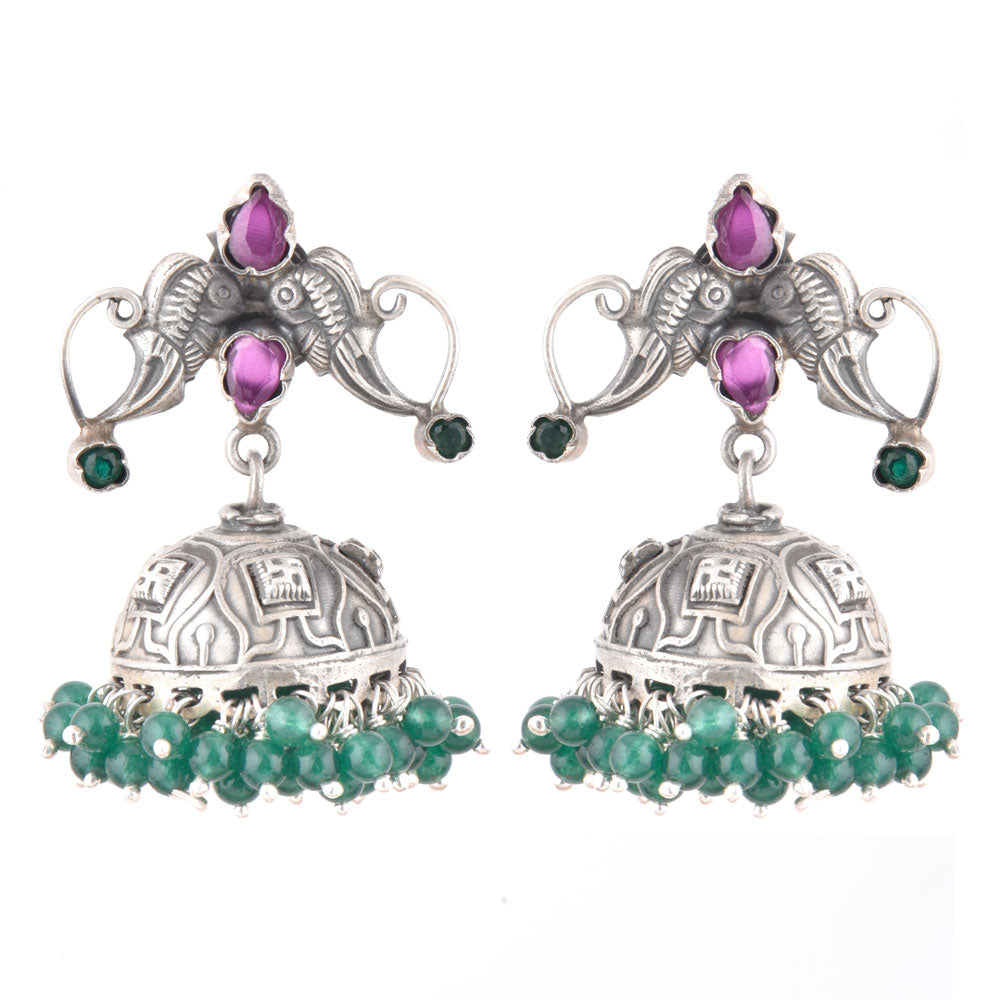 handcrafted jhumki earrings featuring peacock motif and pink tourmaline and agate, set in 925 sterling silver
