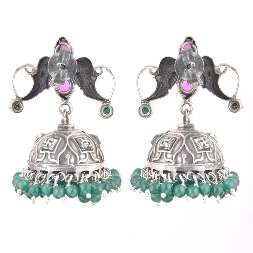 jhumki earrings with peacock motif and pink tourmaline and agate crafted in 925 sterling silver