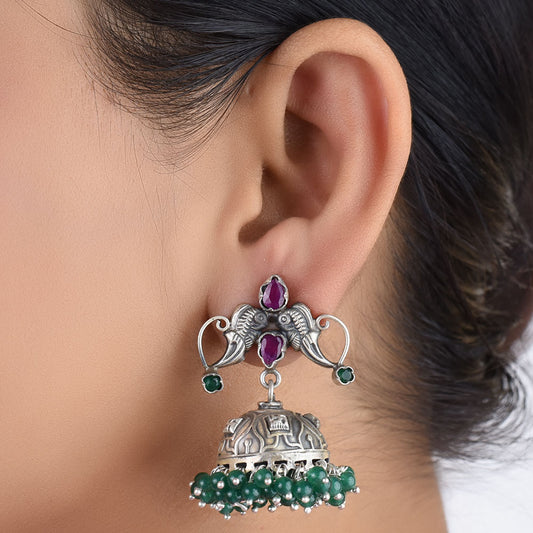peacock motif and pink tourmaline and agate jhumki earrings in 925 sterling silver with handcrafted finish
