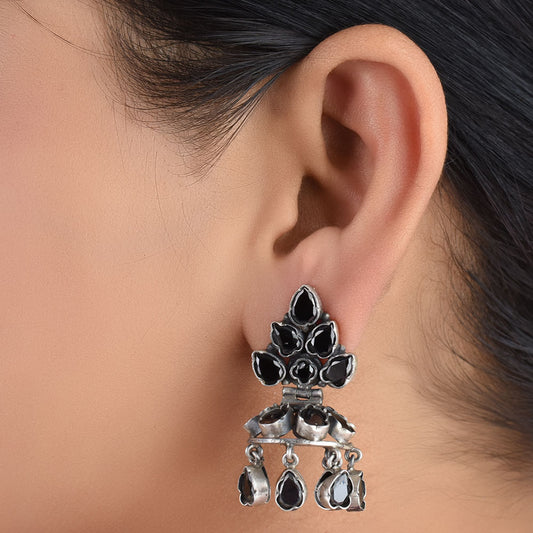 black onyx jhumka earrings in 925 sterling silver with handcrafted finish