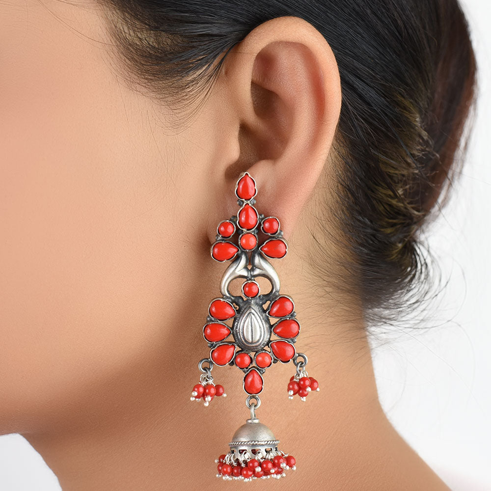 coral jhumki earrings in 925 sterling silver with handcrafted finish